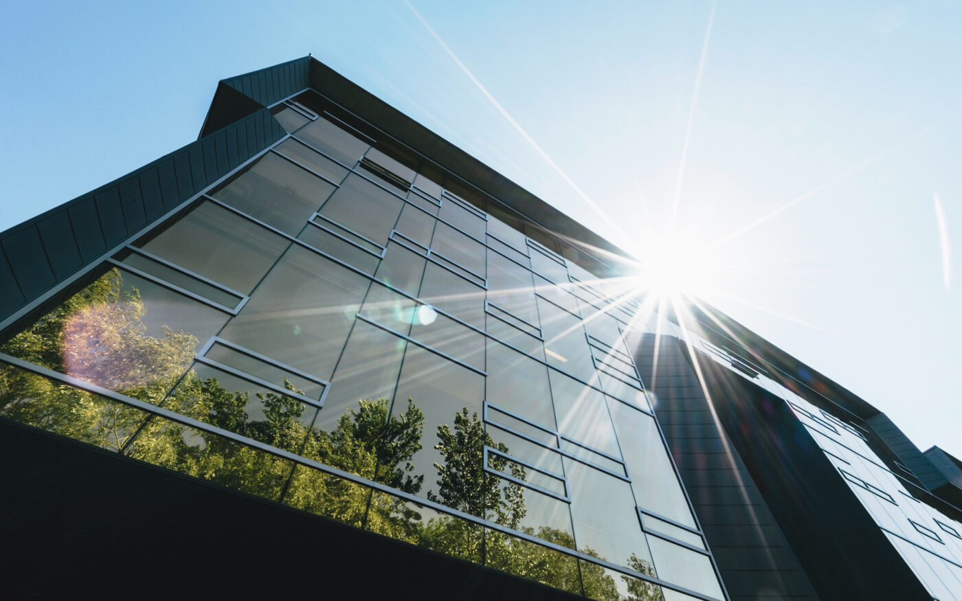 Nachhaltiges Bürogebäude mit Glasfront und grünen Bäumen
